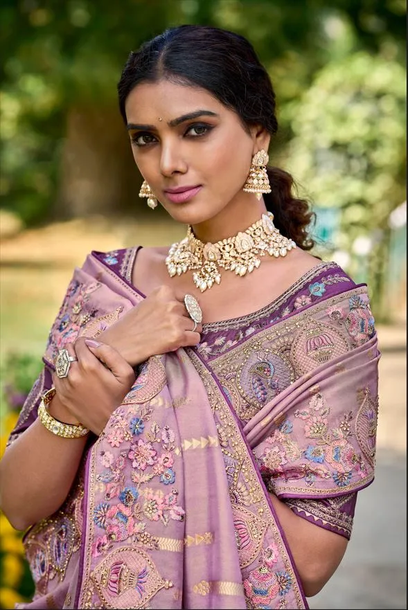 Elegant Gadwal Silk Saree In Oriental Pink With Embroidery and Handwork