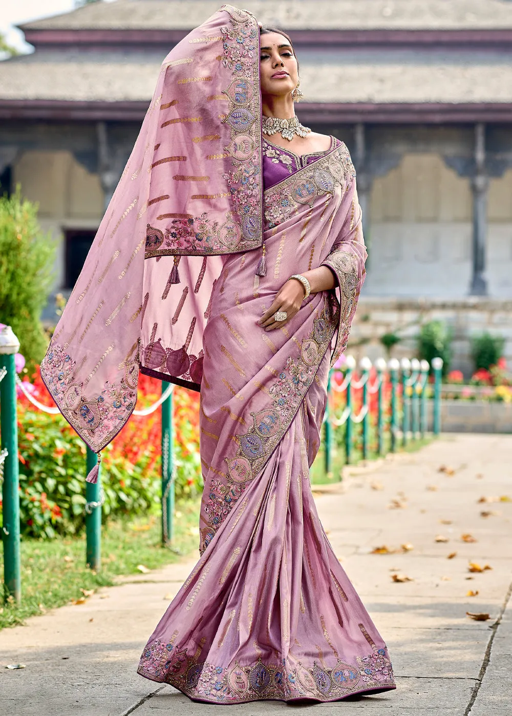 Elegant Gadwal Silk Saree In Oriental Pink With Embroidery and Handwork