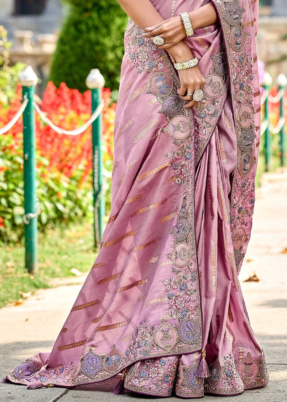 Elegant Gadwal Silk Saree In Oriental Pink With Embroidery and Handwork