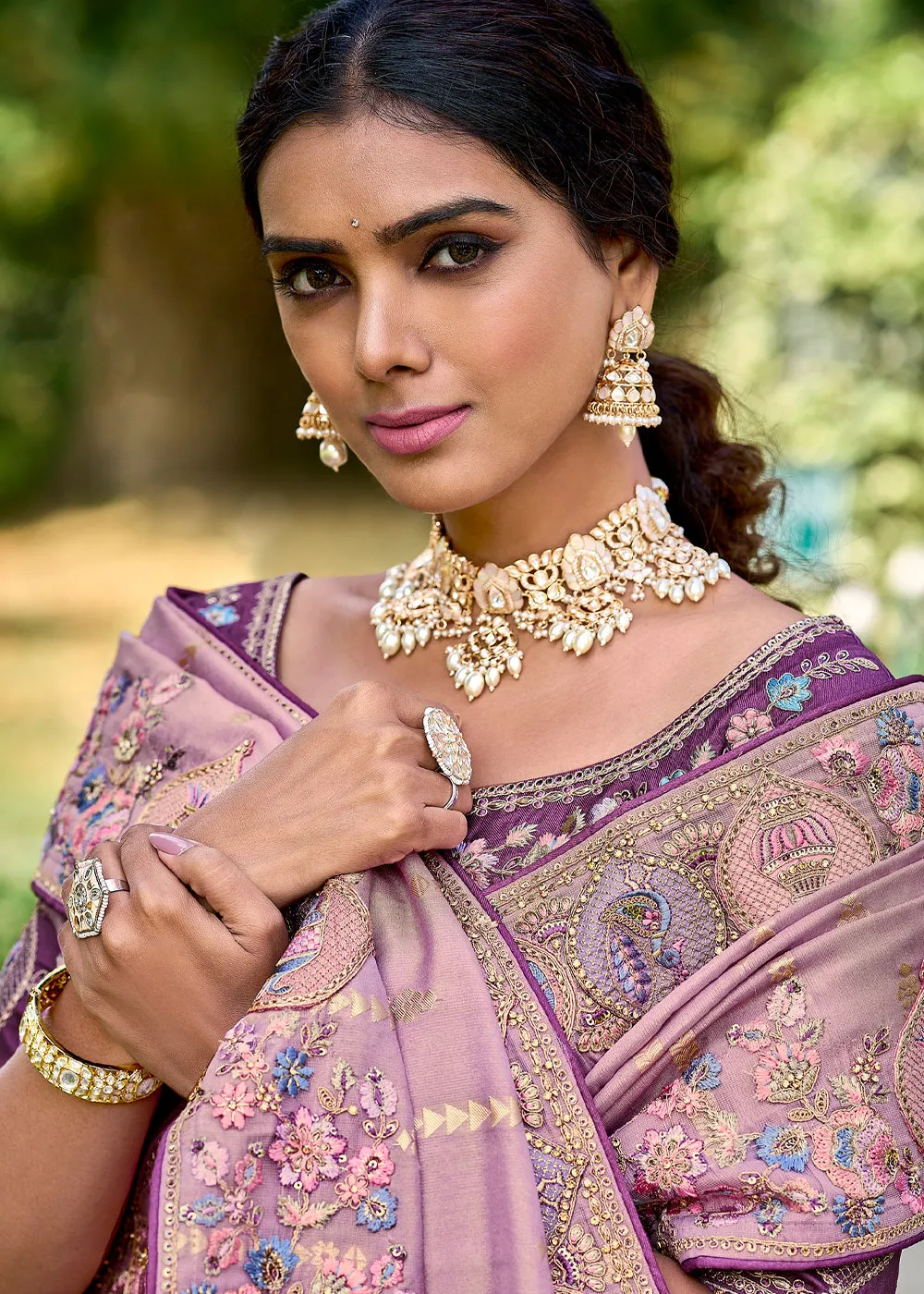 Elegant Gadwal Silk Saree In Oriental Pink With Embroidery and Handwork