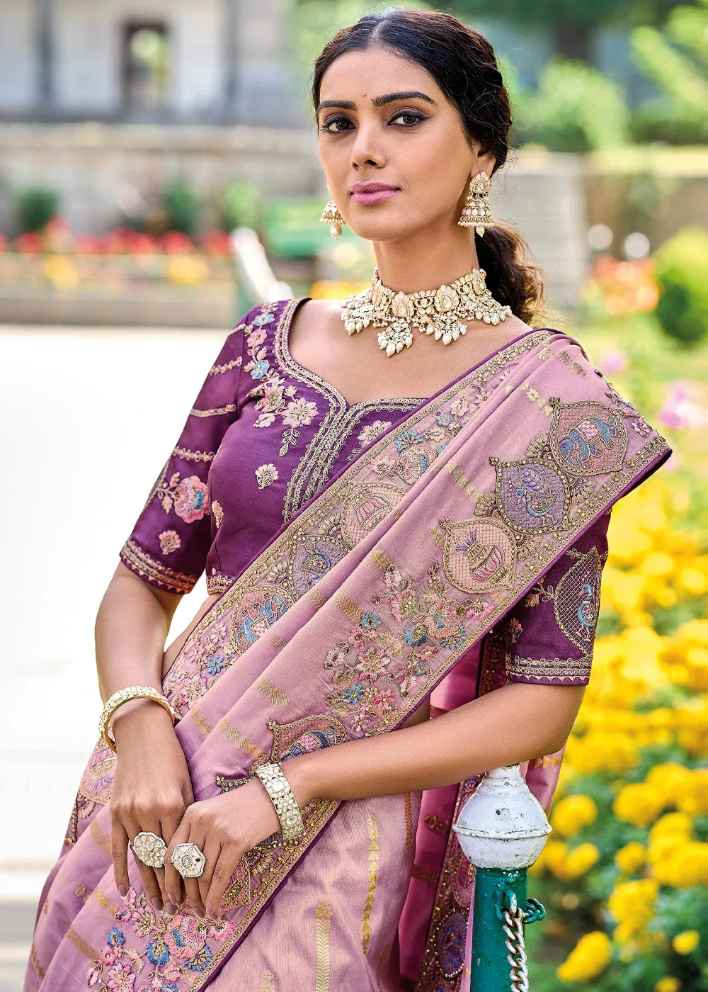 Elegant Gadwal Silk Saree In Oriental Pink With Embroidery and Handwork