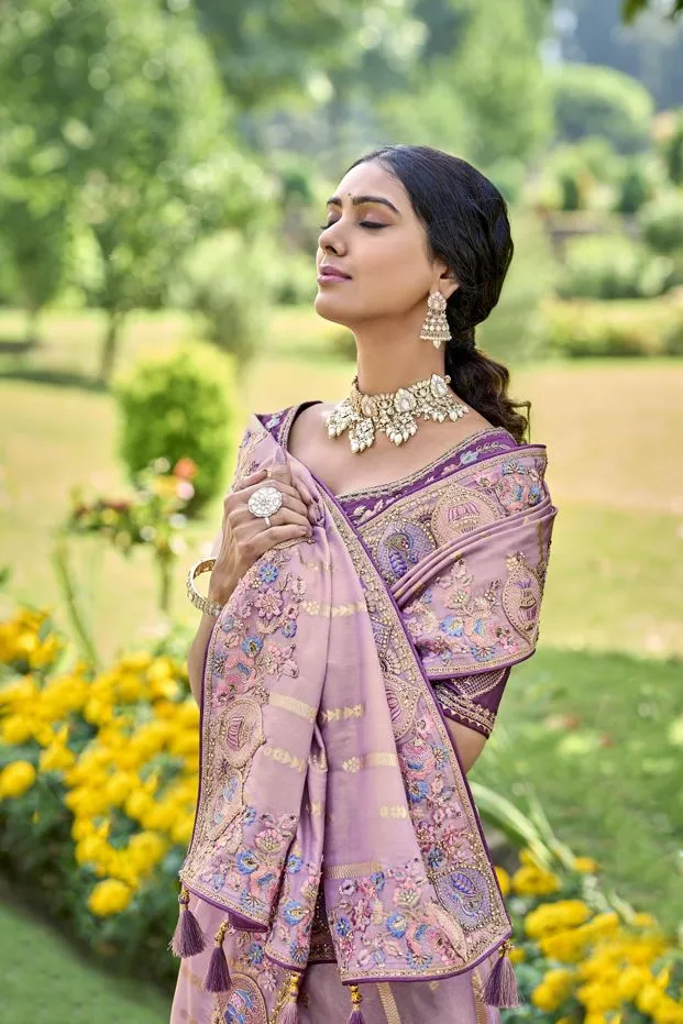 Elegant Gadwal Silk Saree In Oriental Pink With Embroidery and Handwork