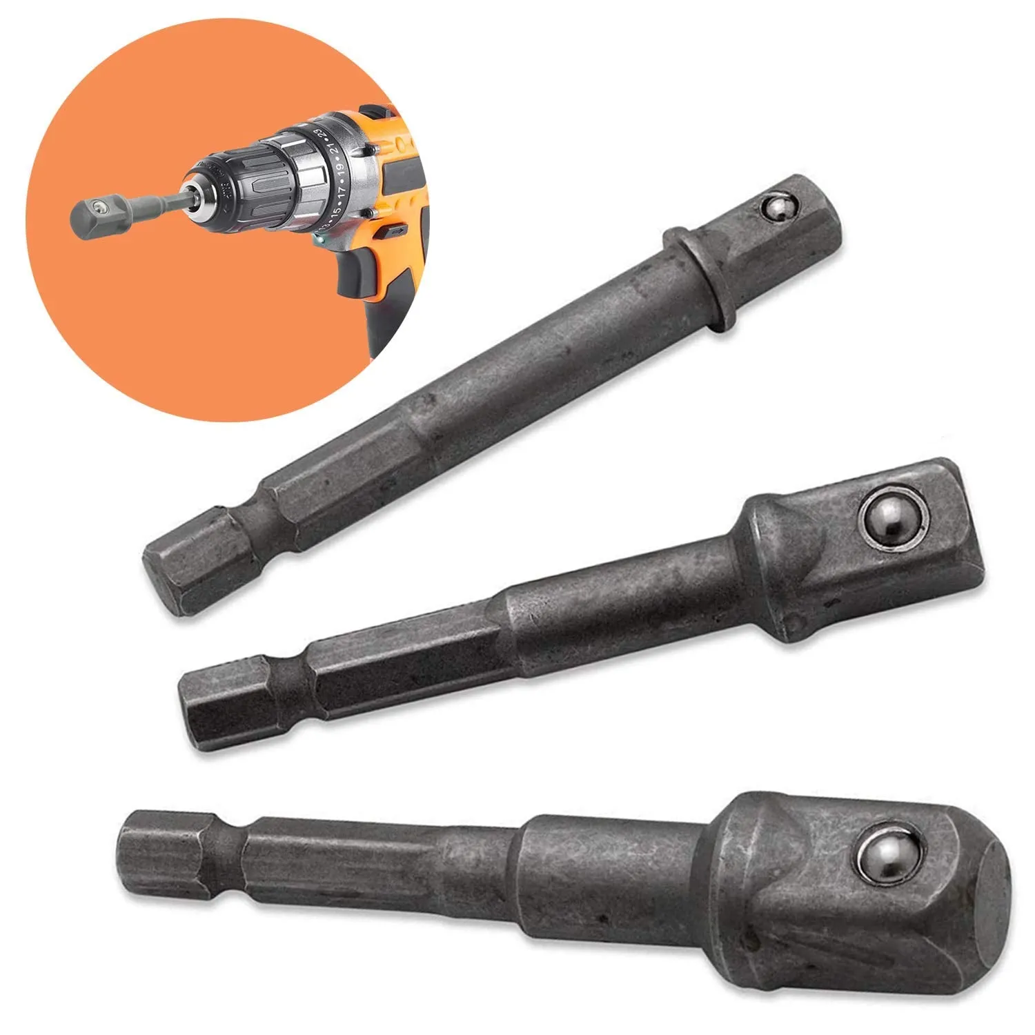 Katzco 3-Piece Power Extension Bit Set - 3 Sizes - .25, 3/8, and .5 Inches - for Drills