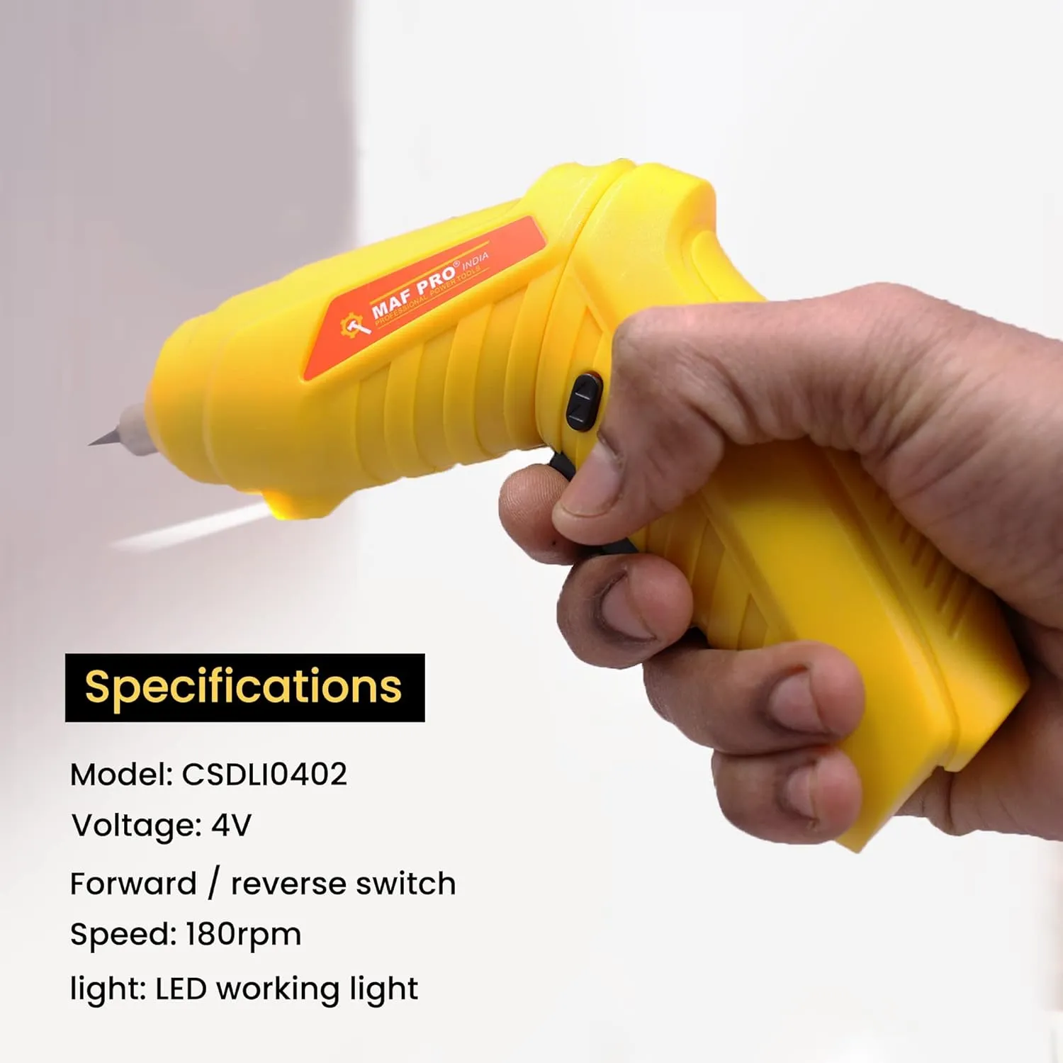 MAF PRO CDSLI0402 4V Cordless Screwdriver Kit with LED Light, Rechargeable, 90° Rotatable (11 Pieces, 6.35mm, Yellow)