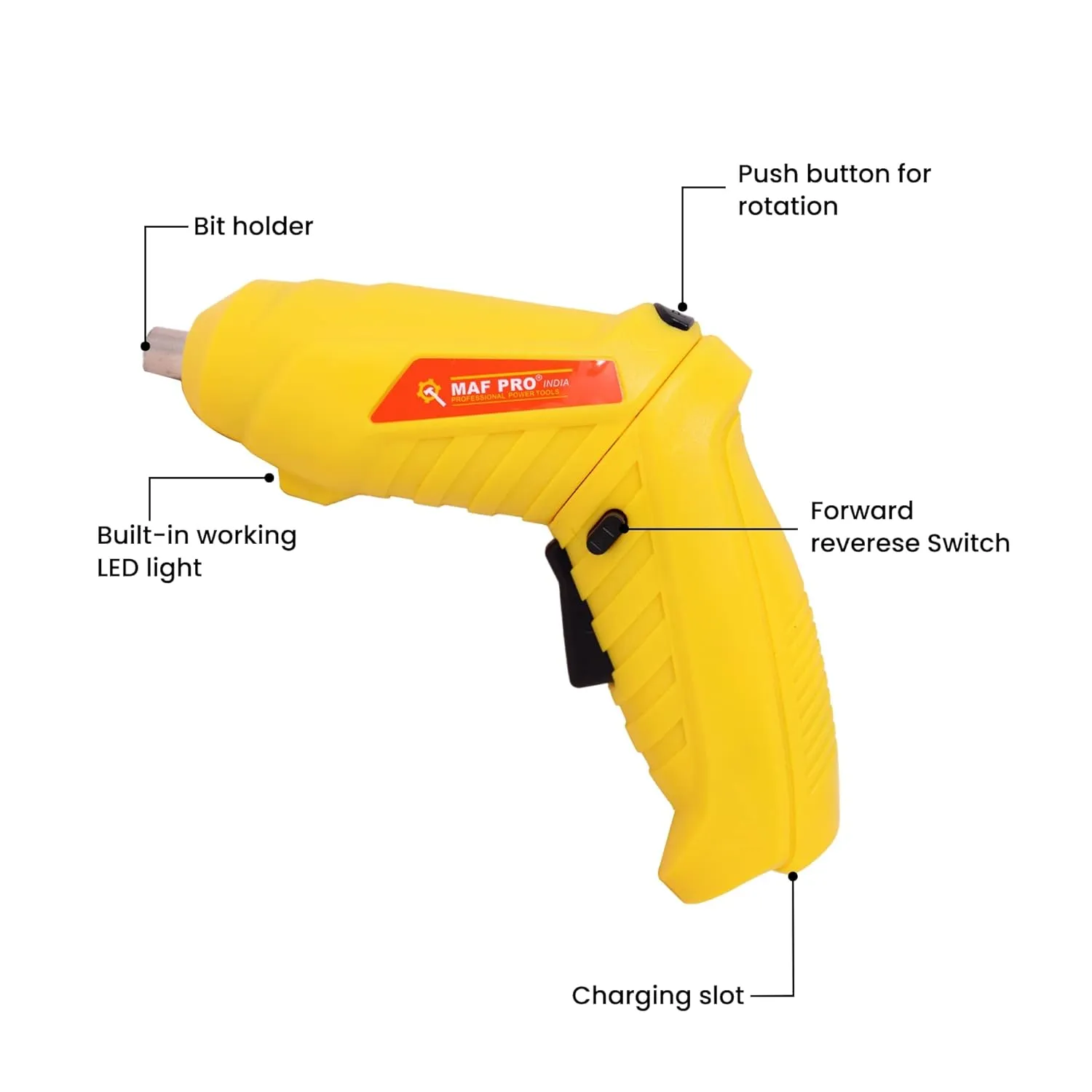 MAF PRO CDSLI0402 4V Cordless Screwdriver Kit with LED Light, Rechargeable, 90° Rotatable (11 Pieces, 6.35mm, Yellow)