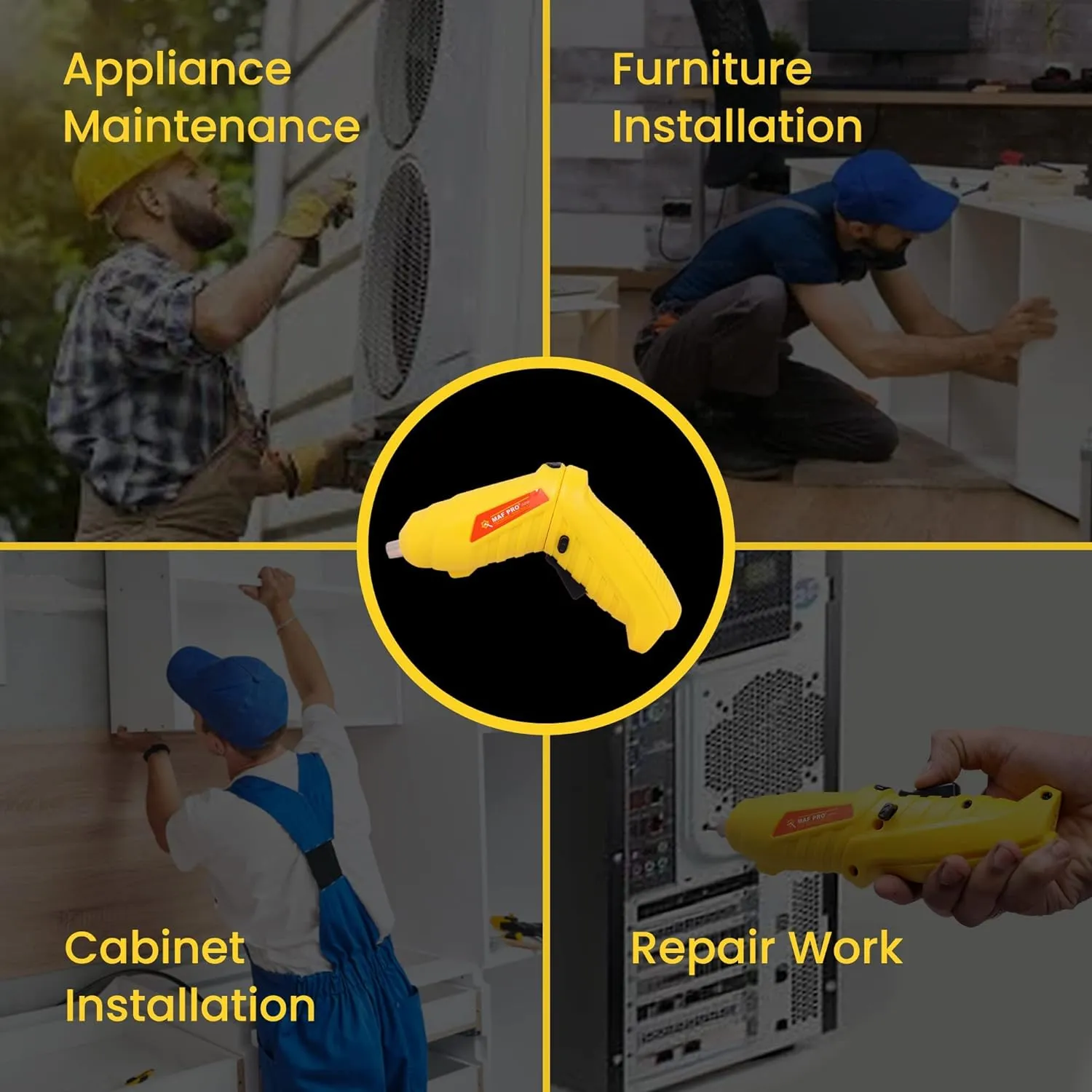 MAF PRO CDSLI0402 4V Cordless Screwdriver Kit with LED Light, Rechargeable, 90° Rotatable (11 Pieces, 6.35mm, Yellow)