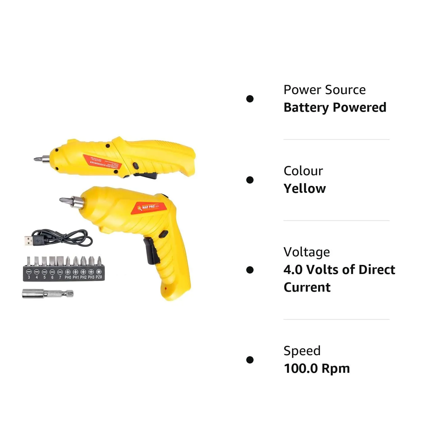 MAF PRO CDSLI0402 4V Cordless Screwdriver Kit with LED Light, Rechargeable, 90° Rotatable (11 Pieces, 6.35mm, Yellow)