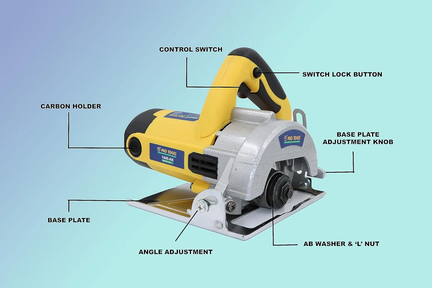 ProTools 1440-AN Professional 1450W 5-inch Marble Cutter Machine without Blade Handheld Tile/ Granite/ Stone/ Brick/ Porcelain/ Ceramic Cutter (1450 W, 13000 Rpm, 5 Inch)