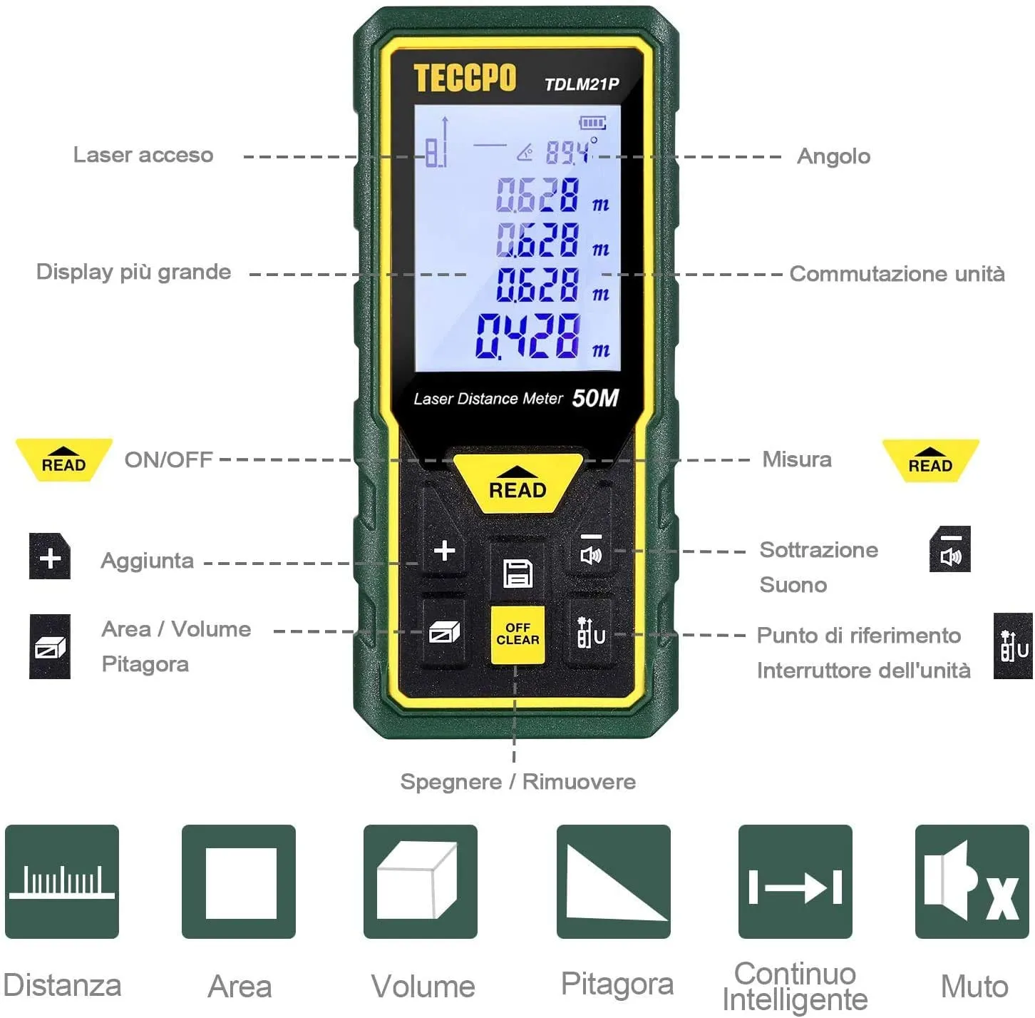TECCPO Laser Meter, 50m, ± 2mm Accurate Laser Rangefinder, Bubble Levels with Silence Function, Electronic Angle Sensor, IP54 - TDLM21P