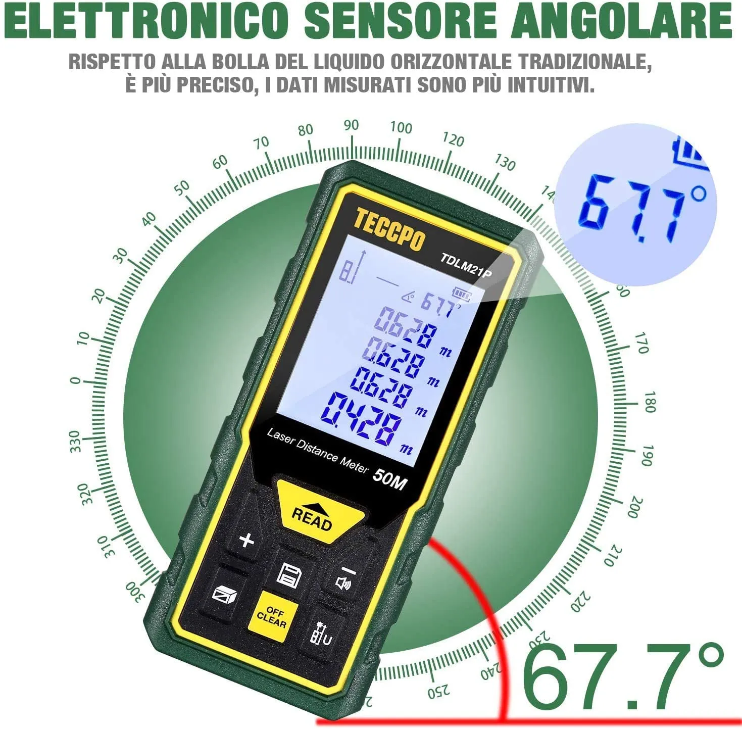 TECCPO Laser Meter, 50m, ± 2mm Accurate Laser Rangefinder, Bubble Levels with Silence Function, Electronic Angle Sensor, IP54 - TDLM21P