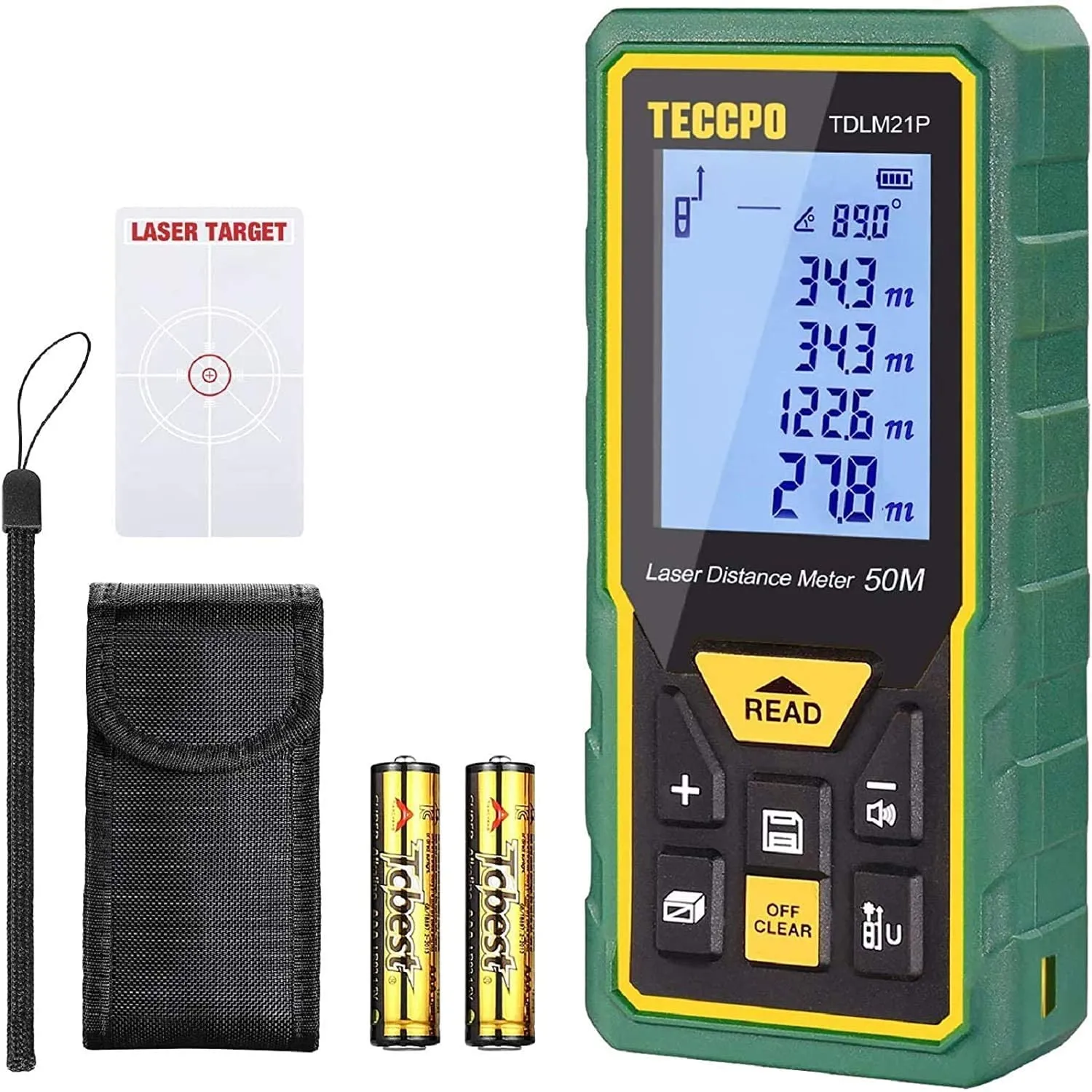 TECCPO Laser Meter, 50m, ± 2mm Accurate Laser Rangefinder, Bubble Levels with Silence Function, Electronic Angle Sensor, IP54 - TDLM21P