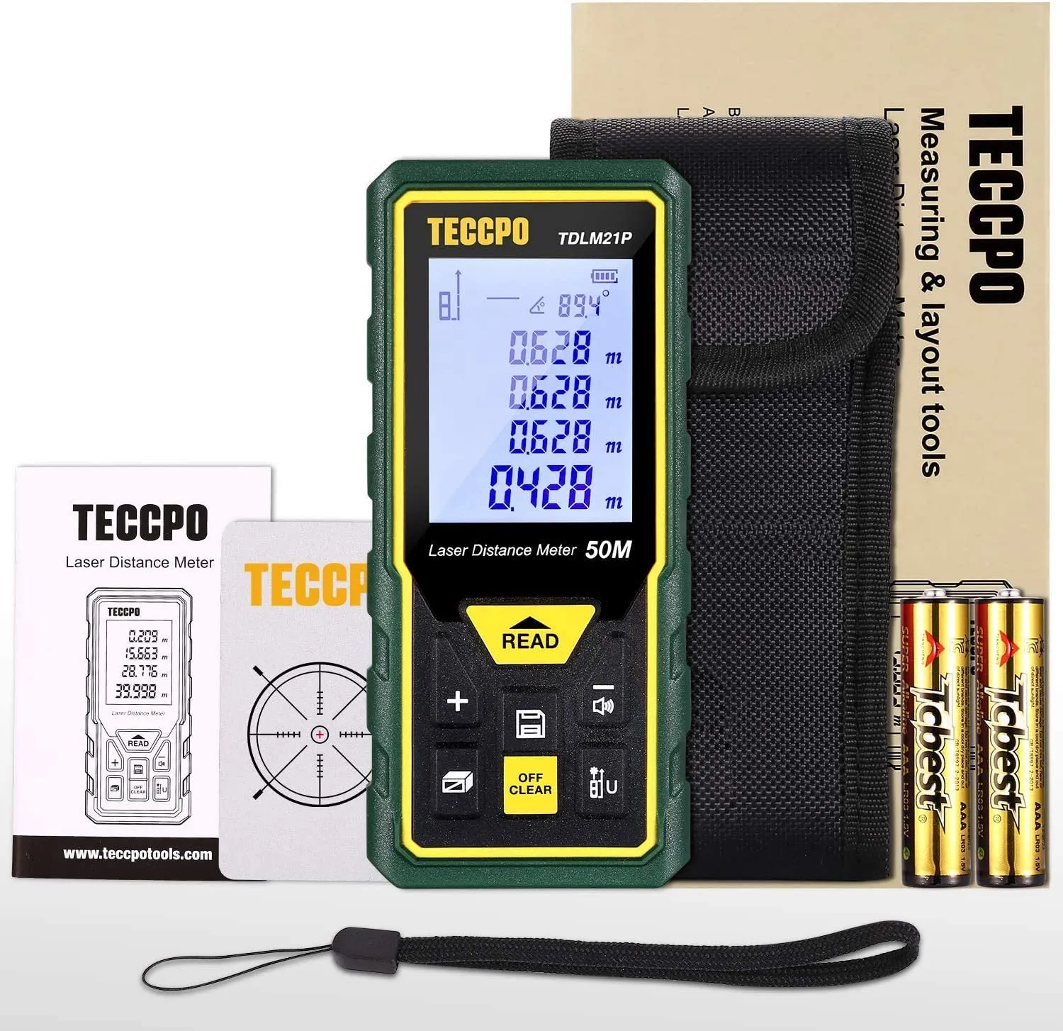 TECCPO Laser Meter, 50m, ± 2mm Accurate Laser Rangefinder, Bubble Levels with Silence Function, Electronic Angle Sensor, IP54 - TDLM21P